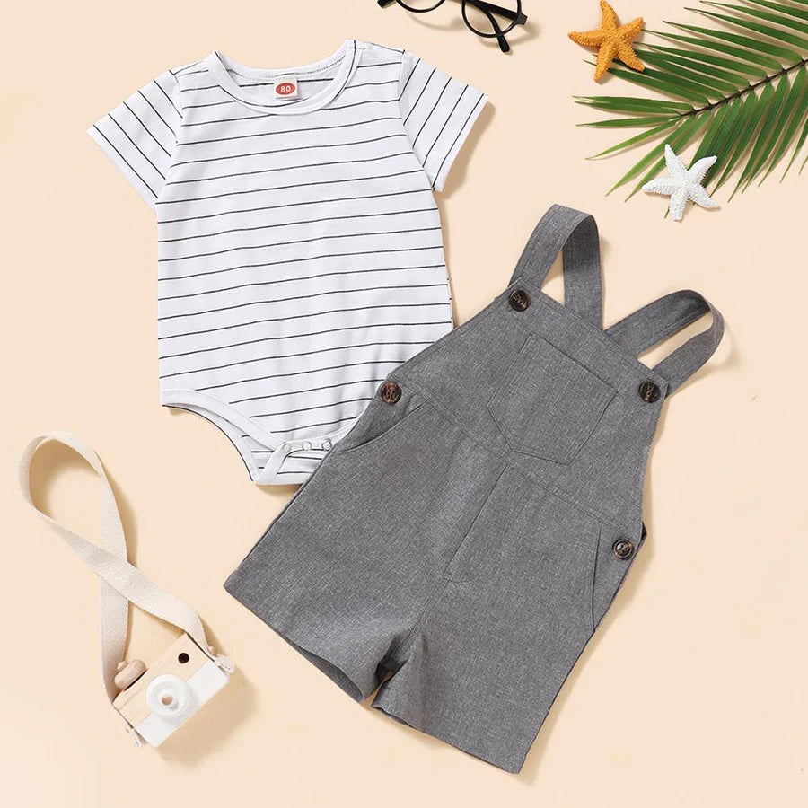 Baby Boys Unisex Striped Short Sleeve Romper and Overalls