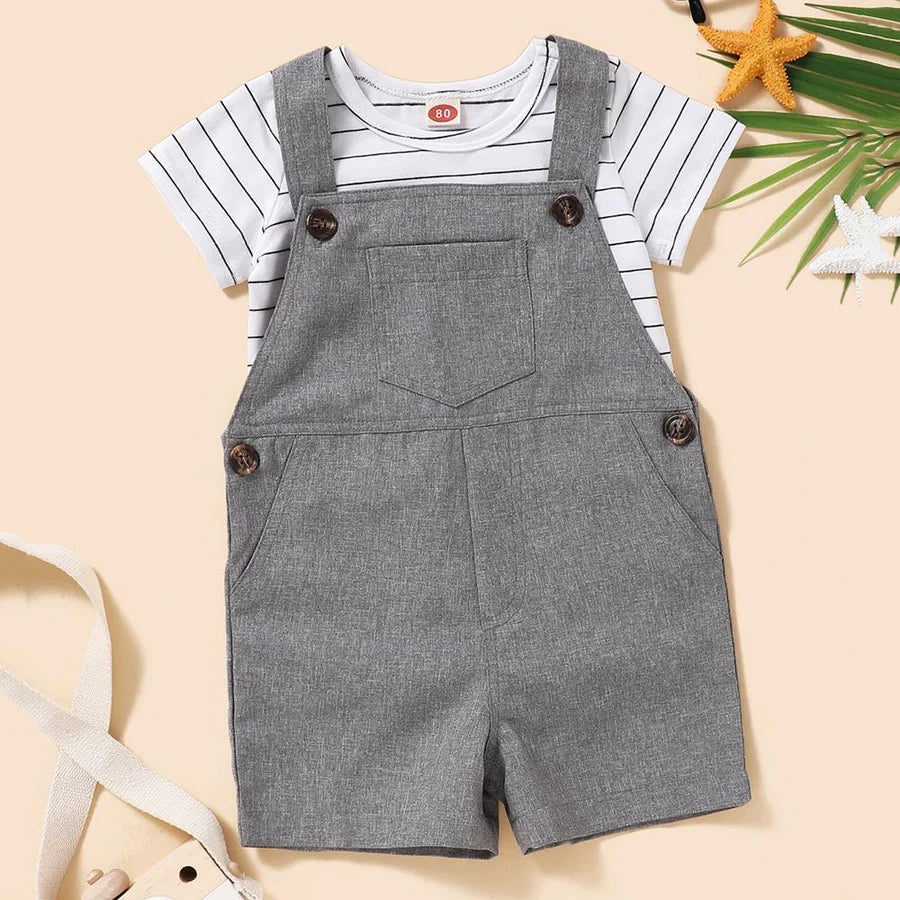 Baby Boys Unisex Striped Short Sleeve Romper and Overalls