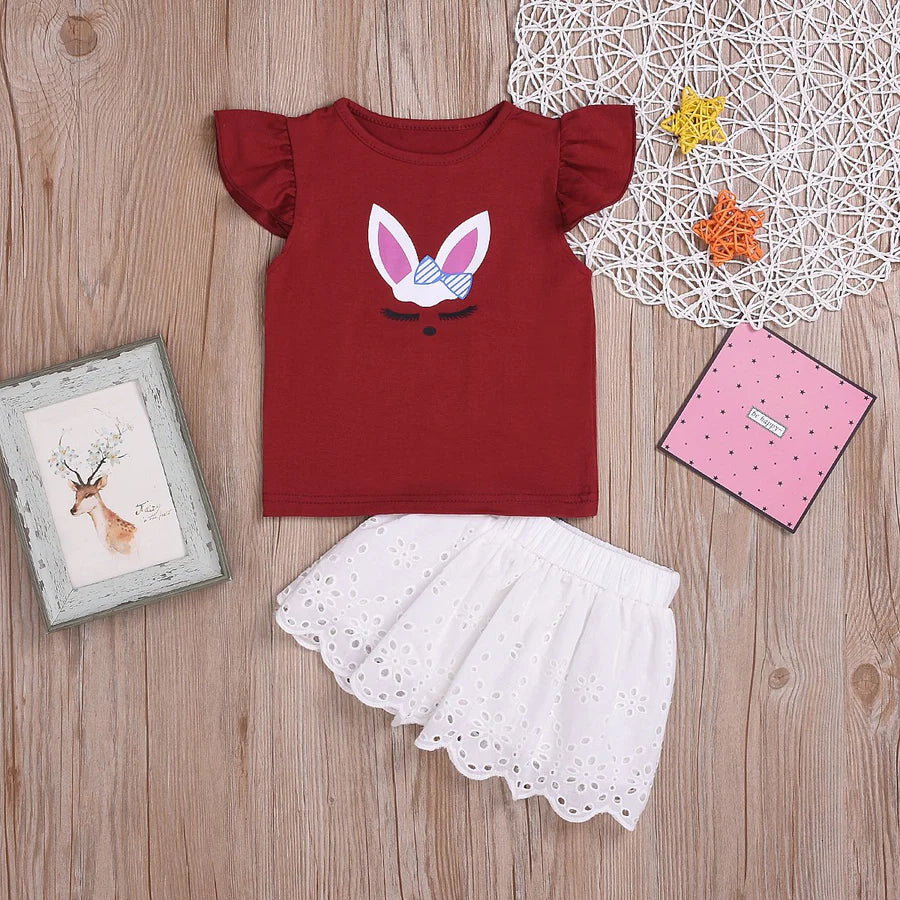 Toddler Girls Cartoon Rabbit T-Shirt Top and Lace Skirt