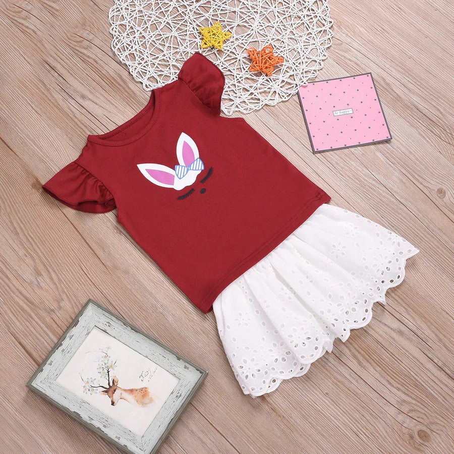 Toddler Girls Cartoon Rabbit T-Shirt Top and Lace Skirt