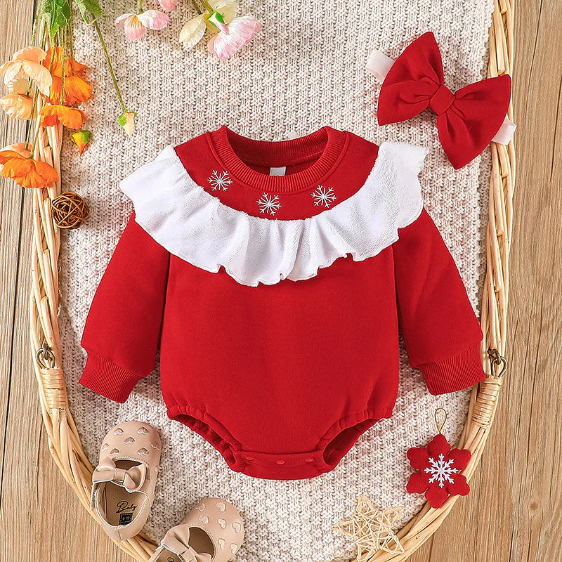 Baby Girls Christmas Laced Snowflake Print Long-Sleeve Jumpsuit