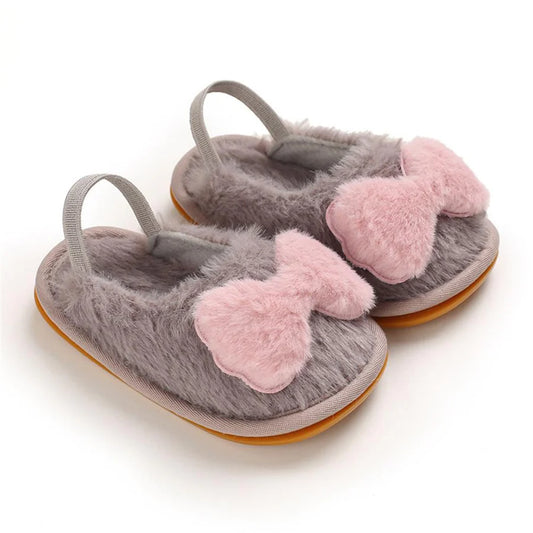 Baby Girls Closed Toe Bow Decor Fur Slip On Sandals