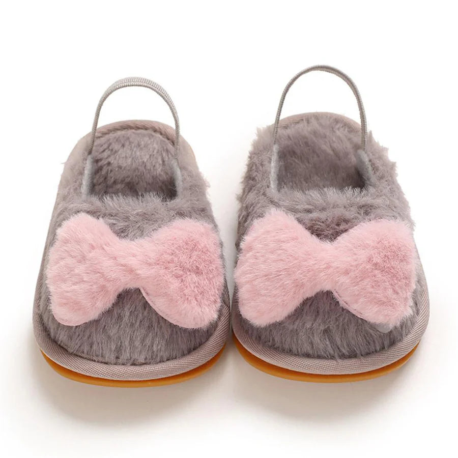 Baby Girls Closed Toe Bow Decor Fur Slip On Sandals