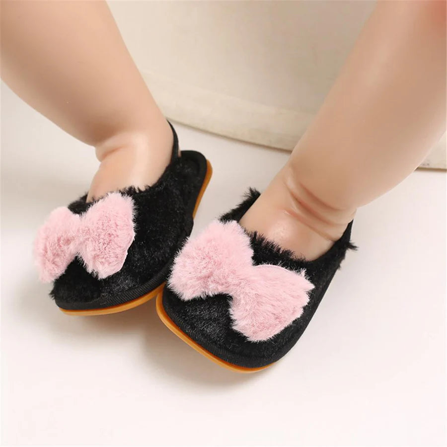 Baby Girls Closed Toe Bow Decor Fur Slip On Sandals