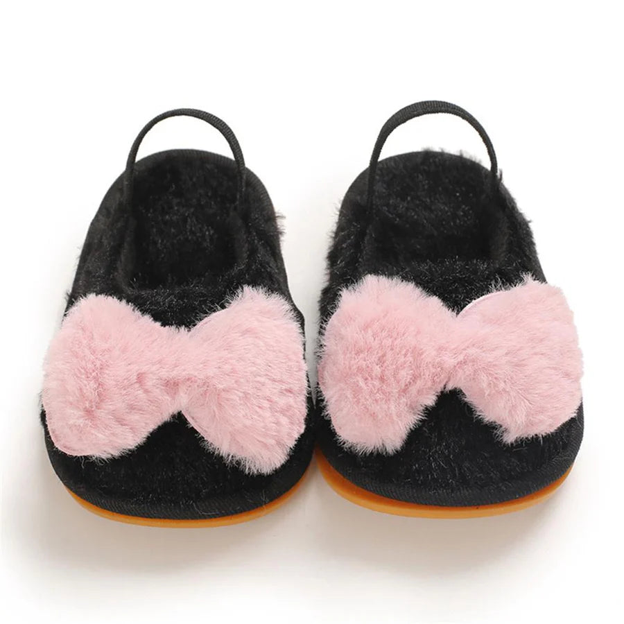 Baby Girls Closed Toe Bow Decor Fur Slip On Sandals