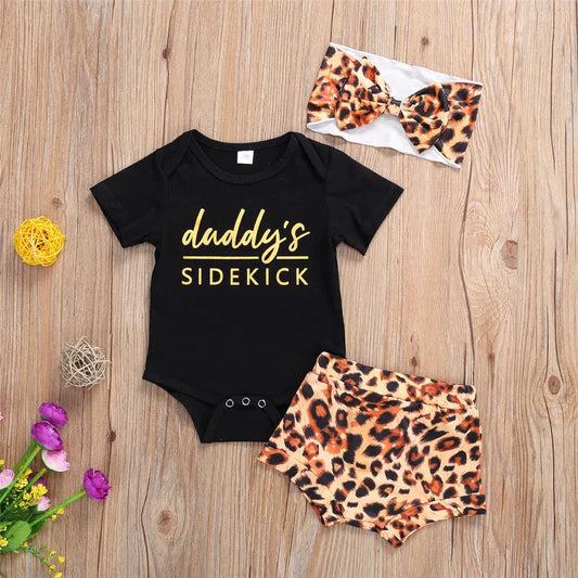 Baby Girls Daddys Sidekick Romper Leopard Shorts and Headband