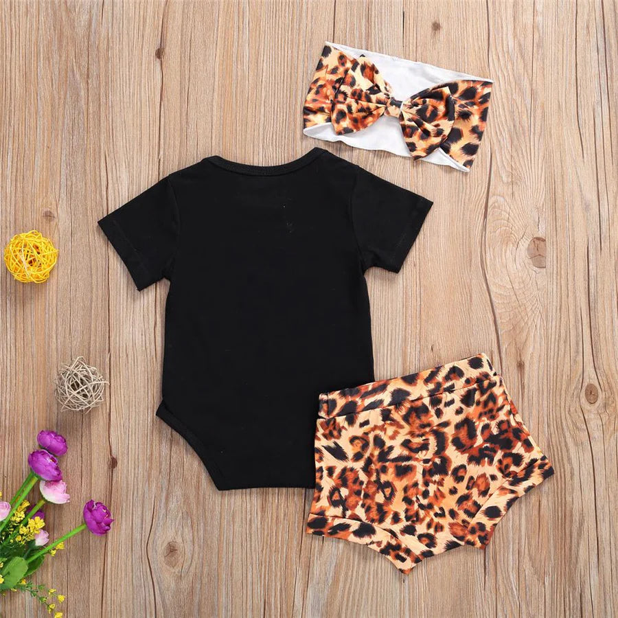 Baby Girls Daddys Sidekick Romper Leopard Shorts and Headband