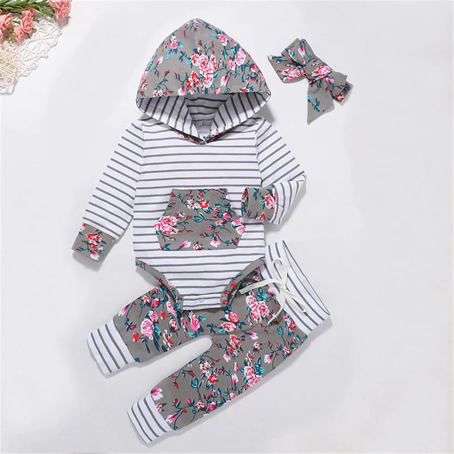 Baby Girls Floral Stripe Printed Hooded Set