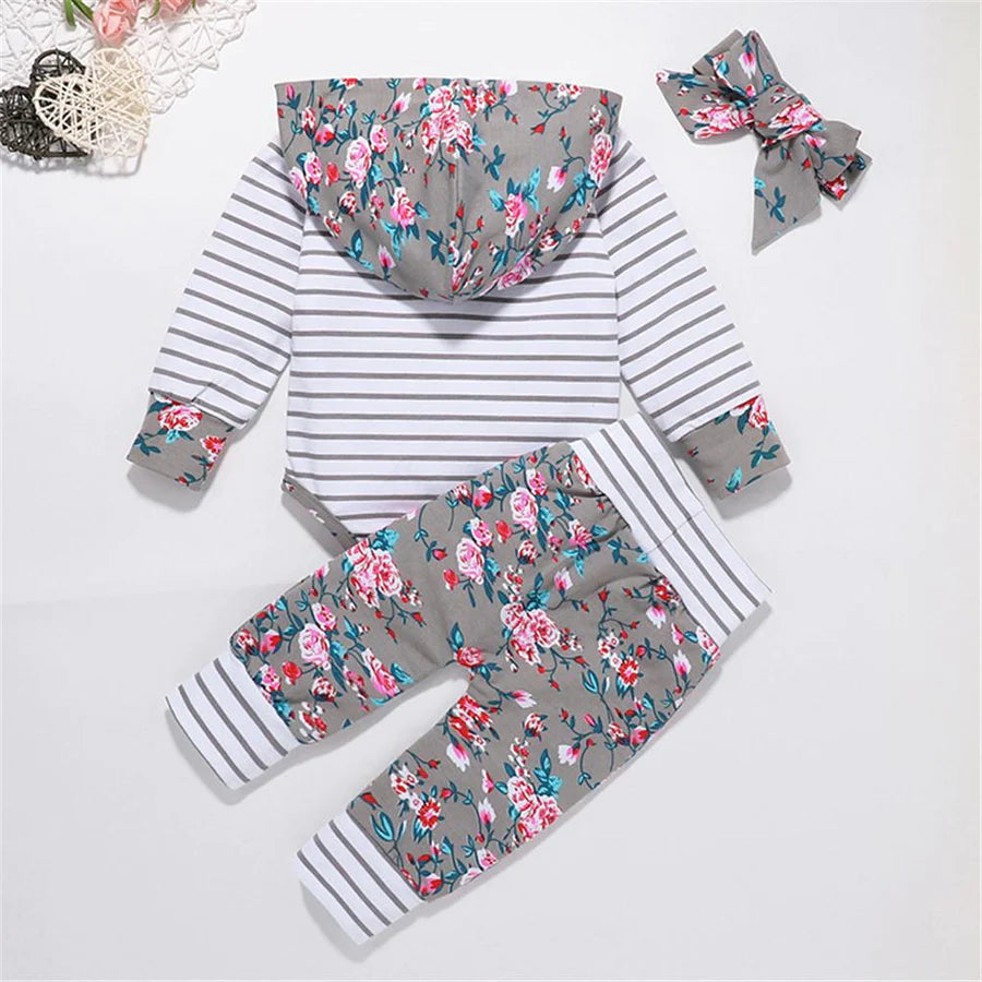 Baby Girls Floral Stripe Printed Hooded Set