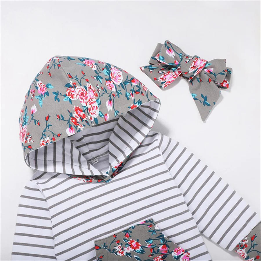 Baby Girls Floral Stripe Printed Hooded Set