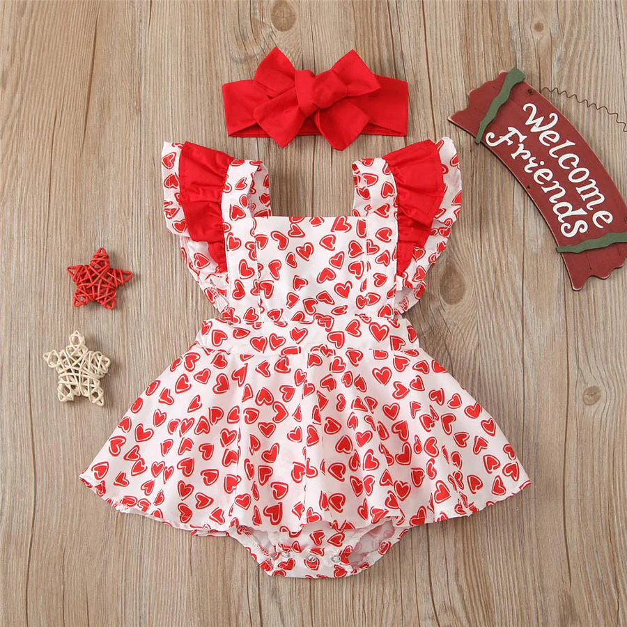 Baby Girls Heart Print Ruffled Romper and Headband