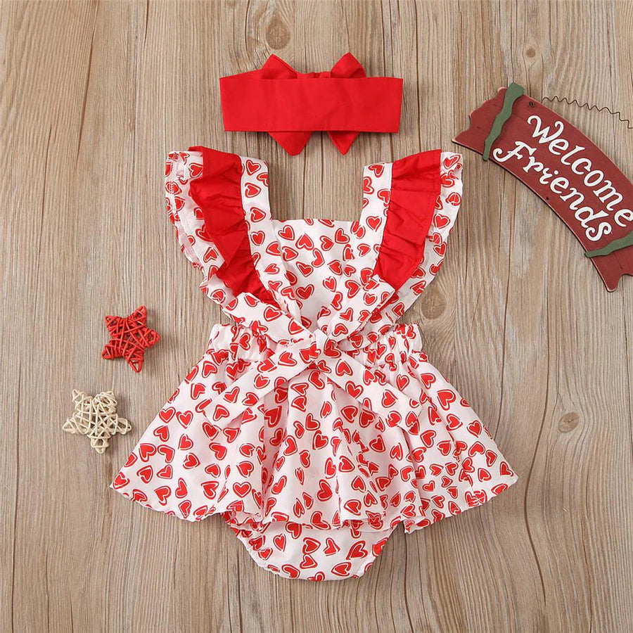 Baby Girls Heart Print Ruffled Romper and Headband