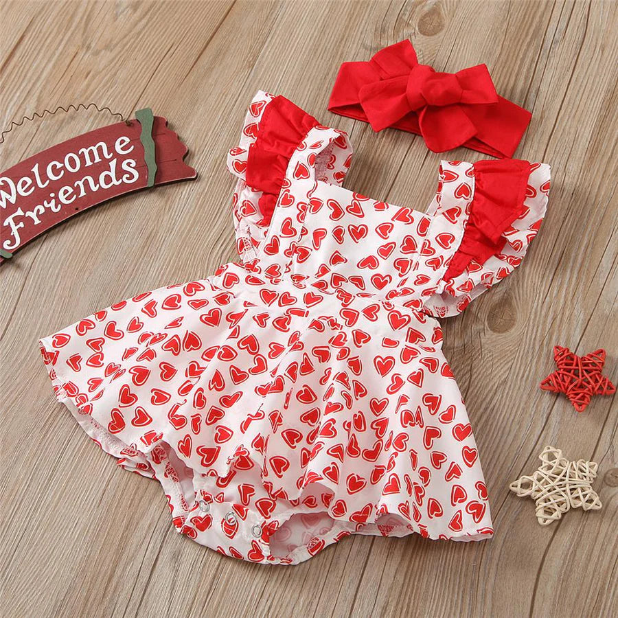 Baby Girls Heart Print Ruffled Romper and Headband