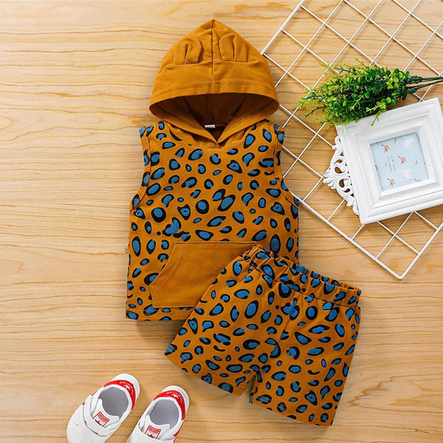 Baby Girls Hooded Leopard Sleeveless Top and Shorts