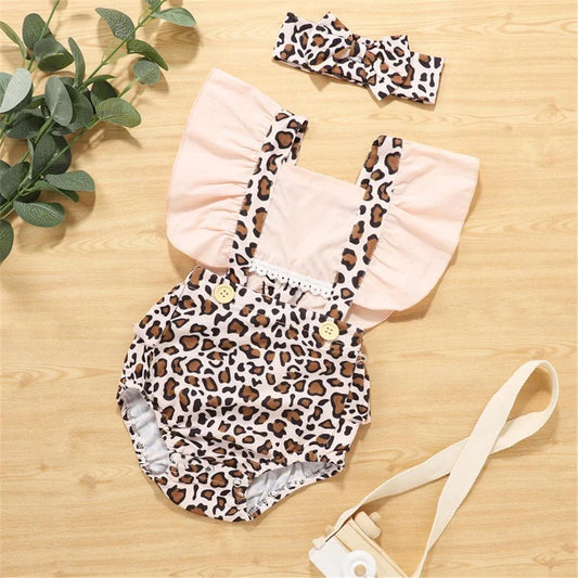 Baby Girls Leopard Print Ruffled Romper and Headband