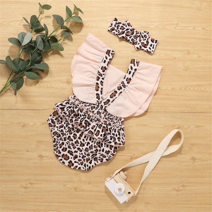 Baby Girls Leopard Print Ruffled Romper and Headband