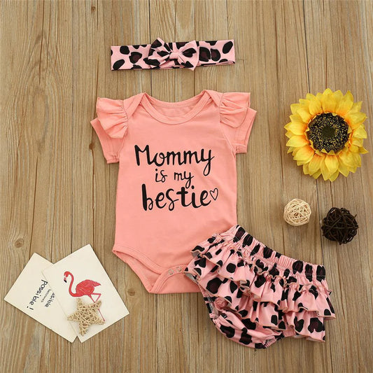 Baby Girls Letter Printed Short Sleeve Romper and Shorts with Headband