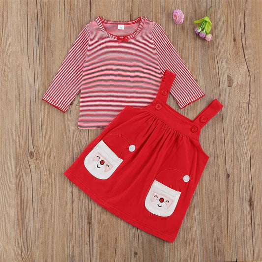 Baby Girls Long Sleeve Striped T-Shirt and Santa Suspender Skirt