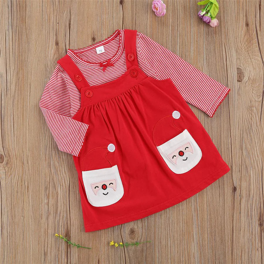 Baby Girls Long Sleeve Striped T-Shirt and Santa Suspender Skirt