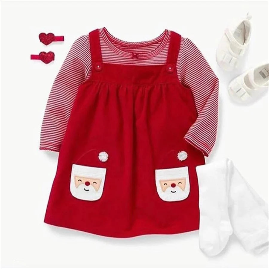 Baby Girls Long Sleeve Striped T-Shirt and Santa Suspender Skirt