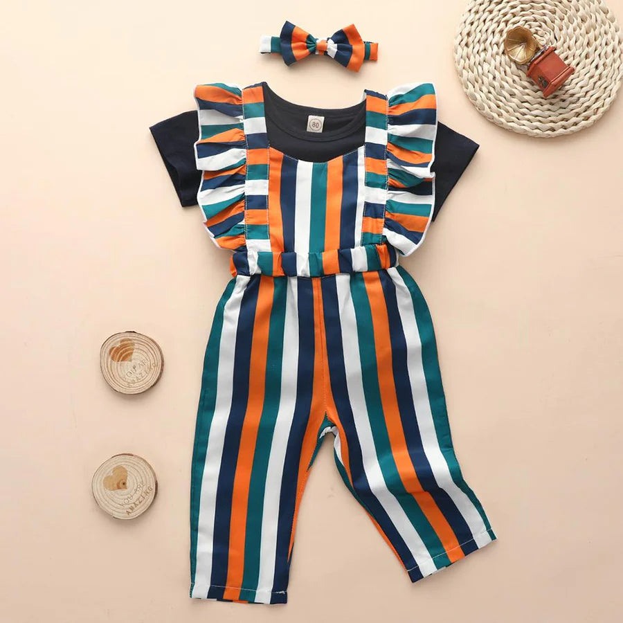 Baby Girls Multicolor Striped Sleeveless Jumpsuit with Solid Romper and Headband