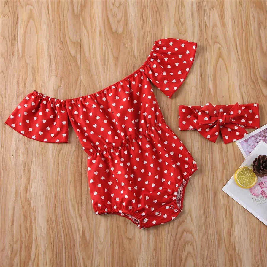 Baby Girls Off-Shoulder Heart Print Romper and Headband