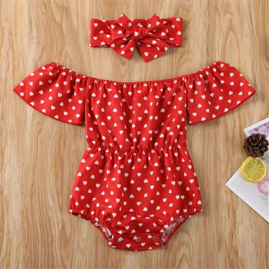 Baby Girls Off-Shoulder Heart Print Romper and Headband