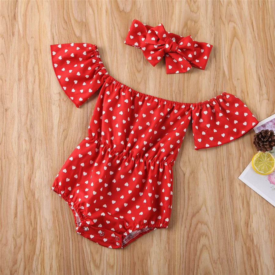 Baby Girls Off-Shoulder Heart Print Romper and Headband