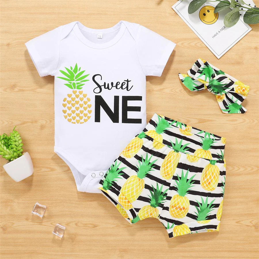 Baby Girls Pineapple Printed Romper and Shirts with Headband