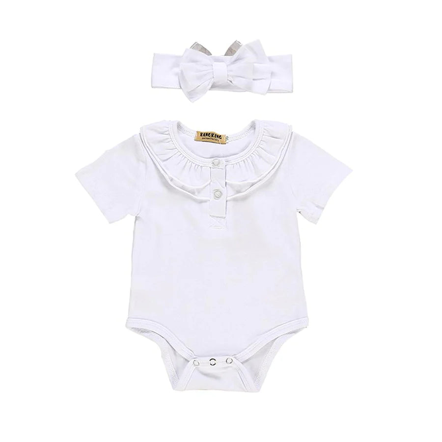 Baby Girls Short Sleeve Ribbed Romper and Headband