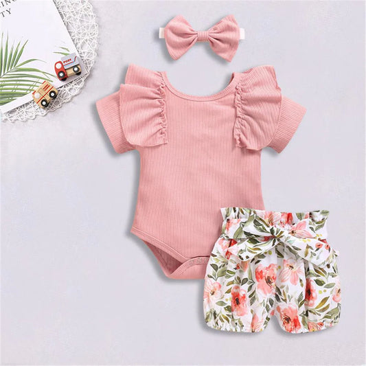 Baby Girls Short Sleeve Romper and Shorts and Bow Headband