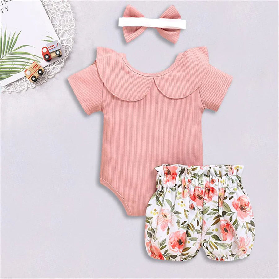 Baby Girls Short Sleeve Romper and Shorts and Bow Headband