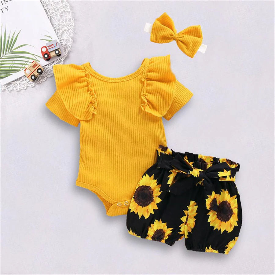 Baby Girls Short Sleeve Romper and Shorts and Bow Headband