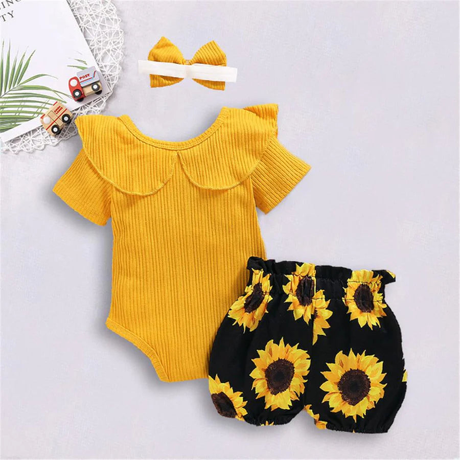 Baby Girls Short Sleeve Romper and Shorts and Bow Headband