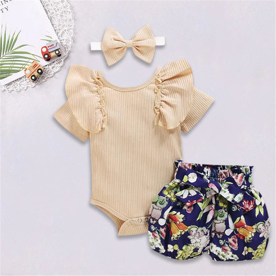 Baby Girls Short Sleeve Romper and Shorts and Bow Headband