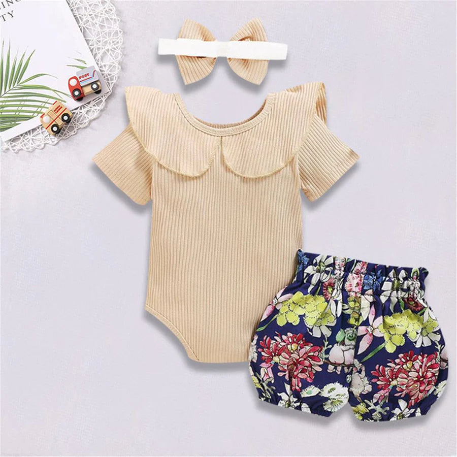 Baby Girls Short Sleeve Romper and Shorts and Bow Headband