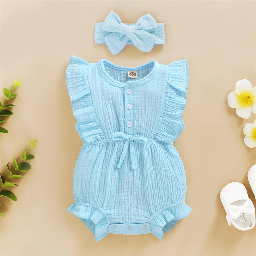 Baby Girls Short Sleeve Ruffled Romper and Headband