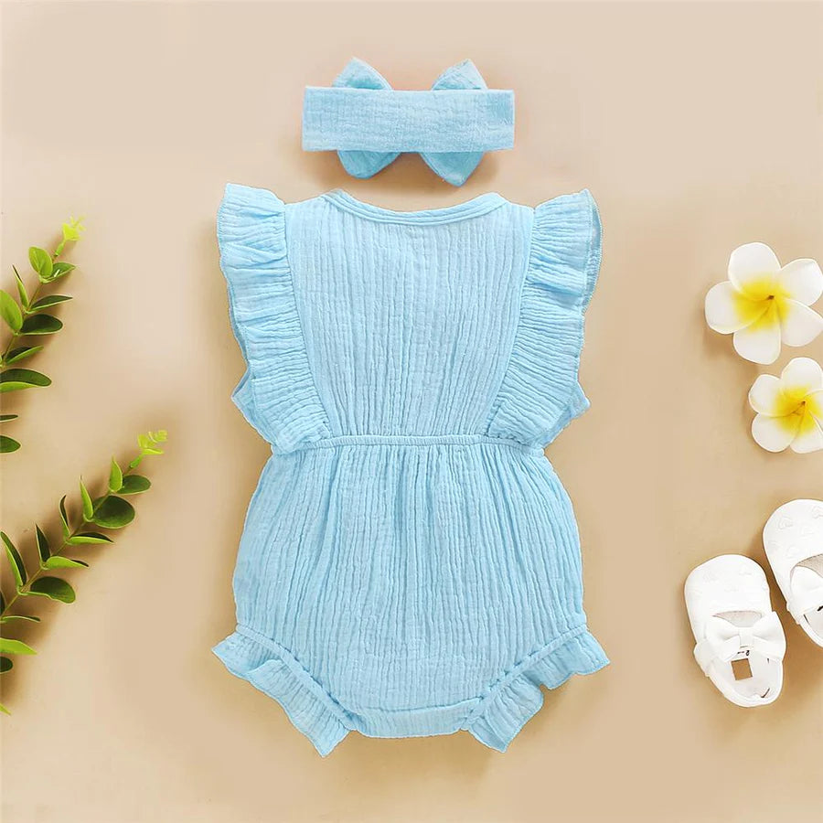 Baby Girls Short Sleeve Ruffled Romper and Headband