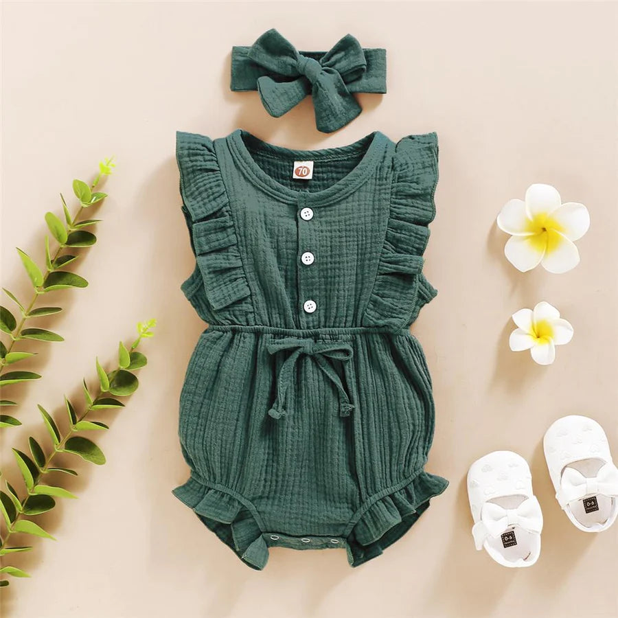 Baby Girls Short Sleeve Ruffled Romper and Headband