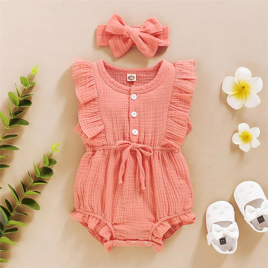 Baby Girls Short Sleeve Ruffled Romper and Headband