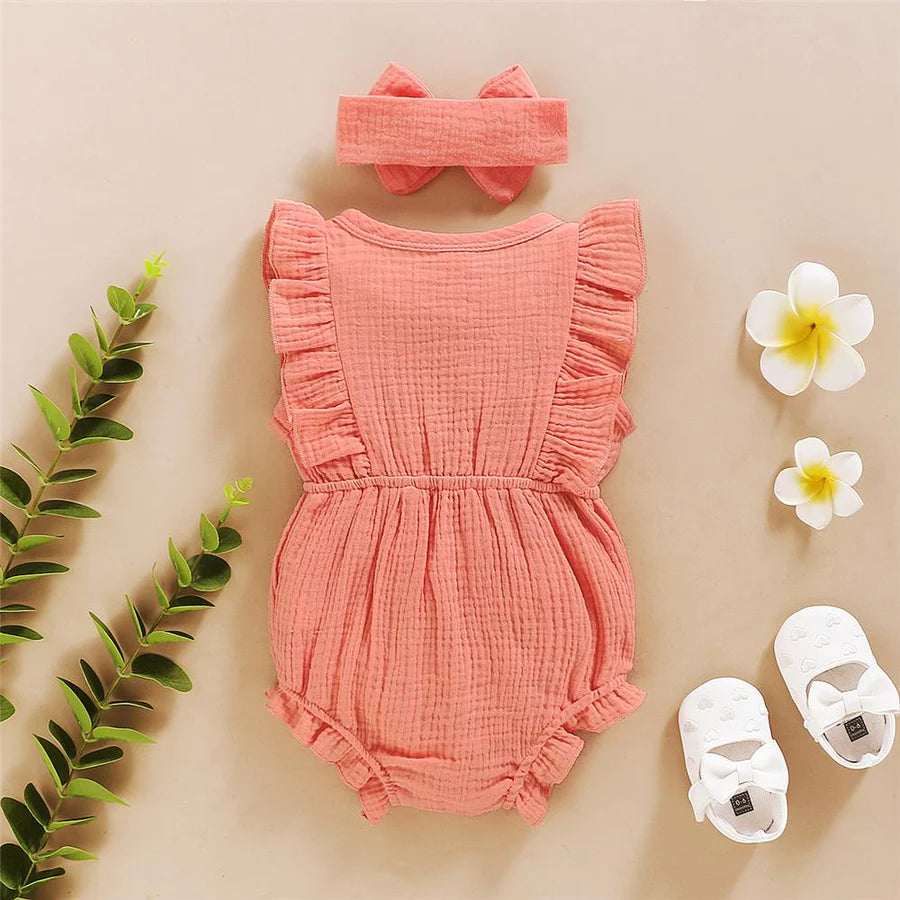 Baby Girls Short Sleeve Ruffled Romper and Headband