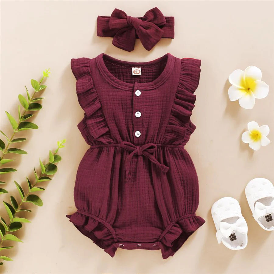 Baby Girls Short Sleeve Ruffled Romper and Headband