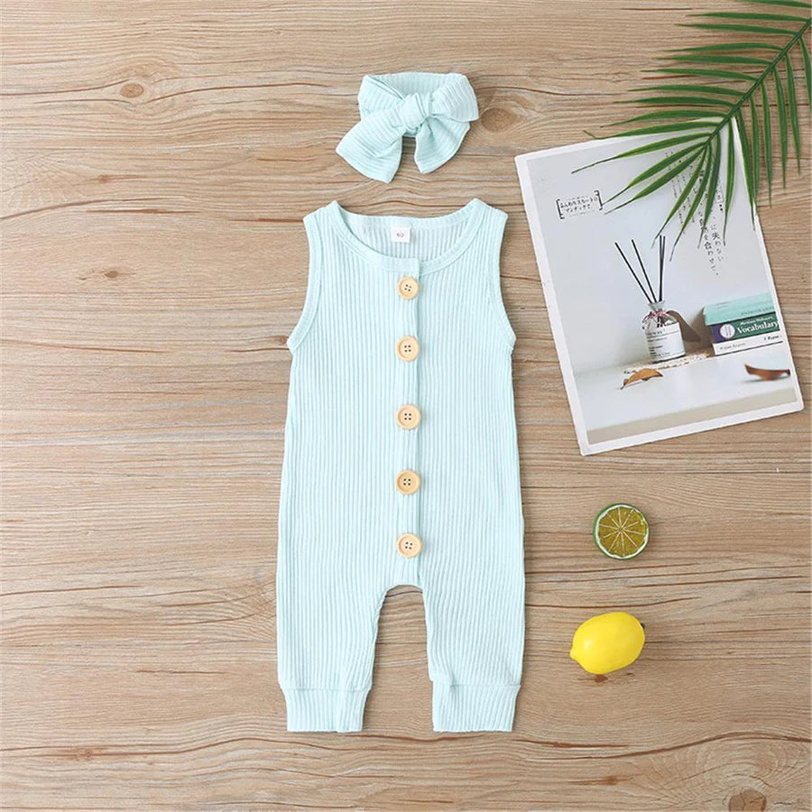 Baby Girls Sleeveless Button Up Solid Color Romper