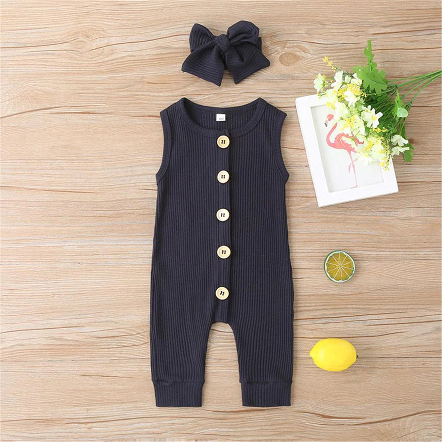 Baby Girls Sleeveless Button Up Solid Color Romper