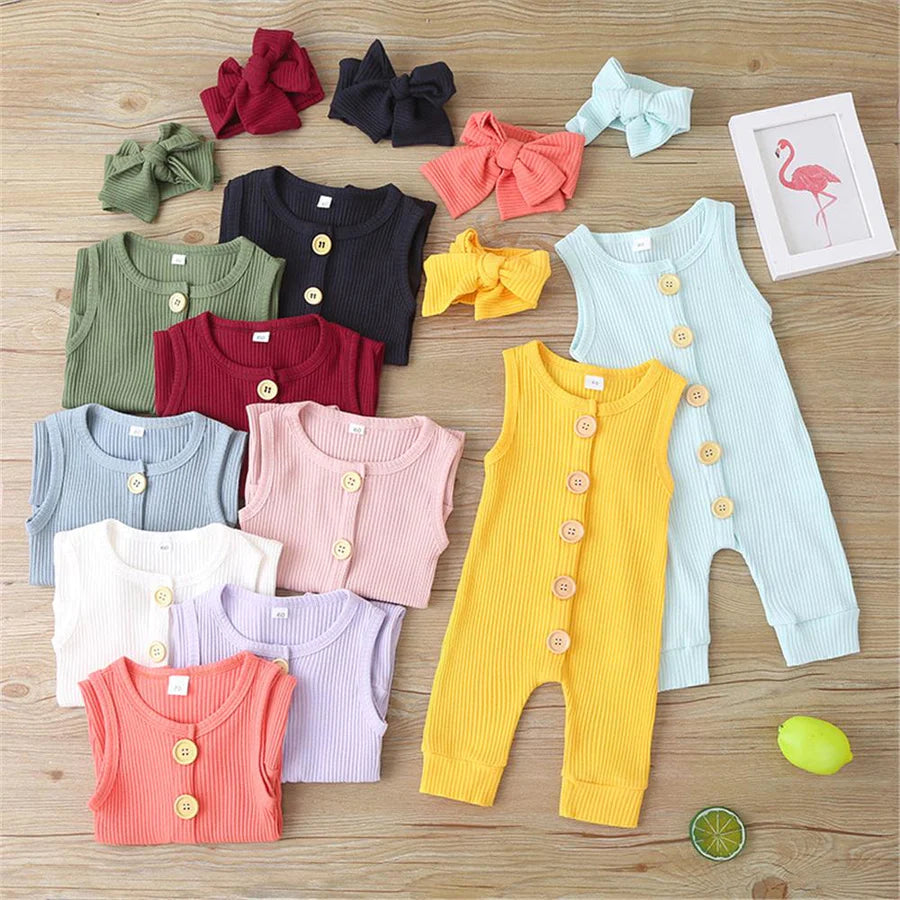 Baby Girls Sleeveless Button Up Solid Color Romper