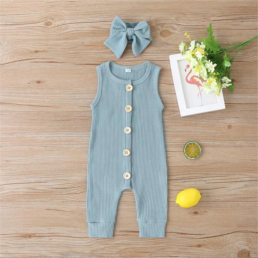 Baby Girls Sleeveless Button Up Solid Color Romper