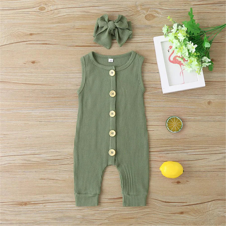 Baby Girls Sleeveless Button Up Solid Color Romper