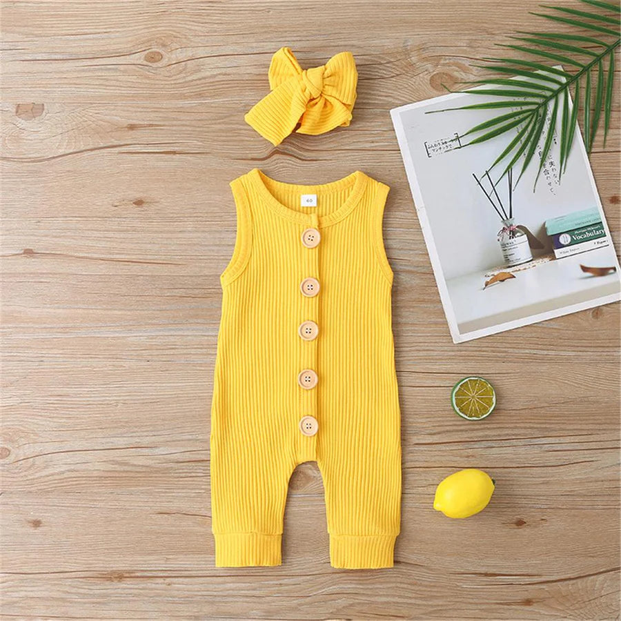 Baby Girls Sleeveless Button Up Solid Color Romper