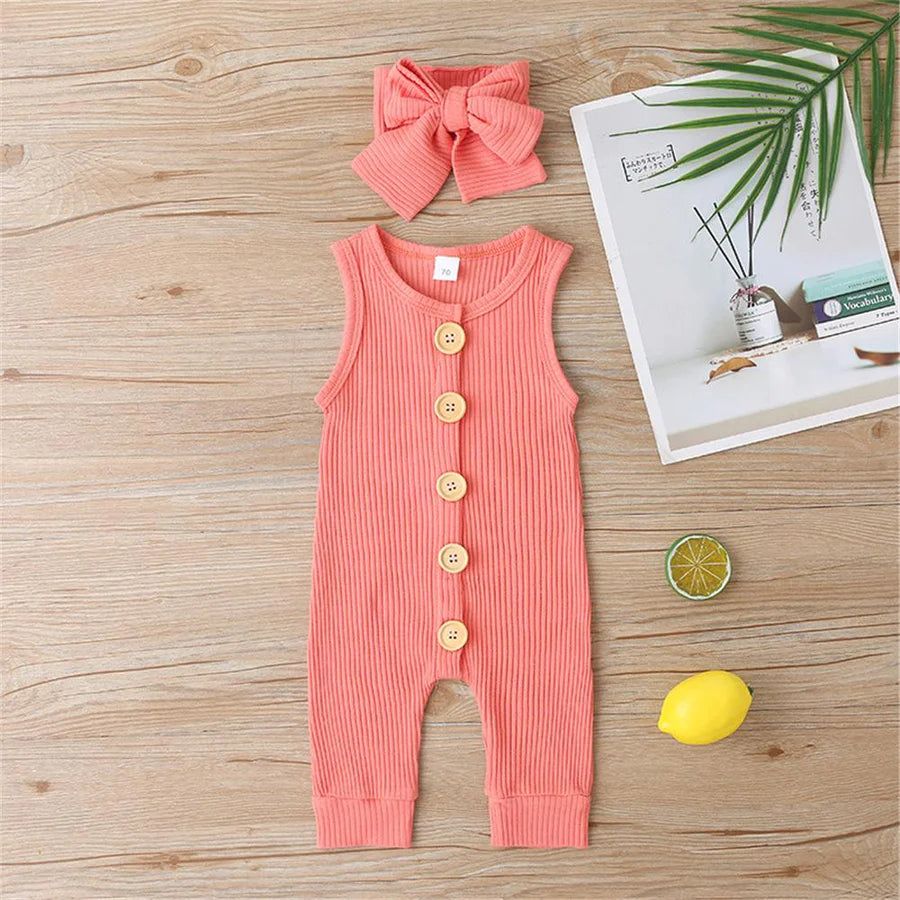 Baby Girls Sleeveless Button Up Solid Color Romper