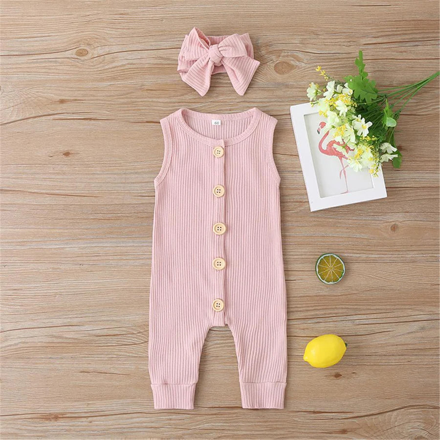 Baby Girls Sleeveless Button Up Solid Color Romper